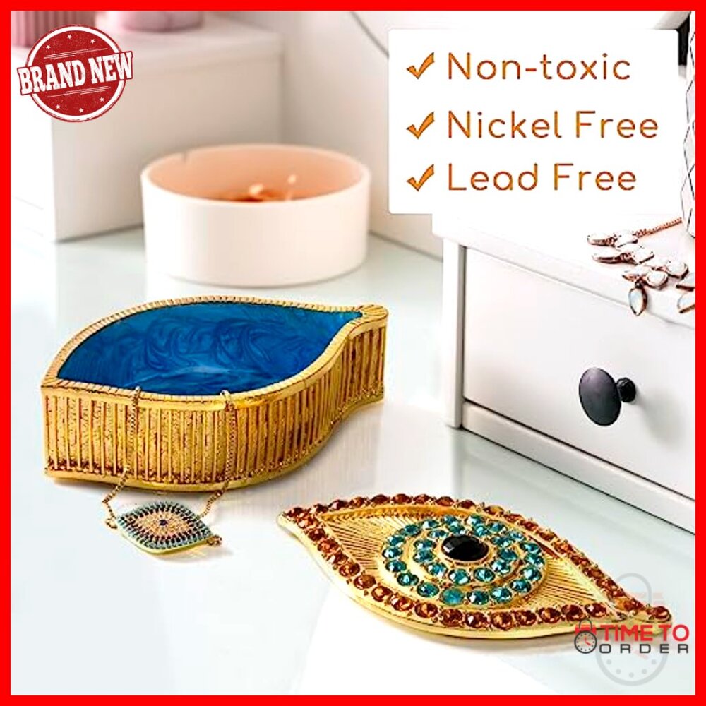 Handmade Evil Eye Jewelry Box Gold Keepsake Magnetic Closure Crystals Boho Decor - Picture 6 of 7